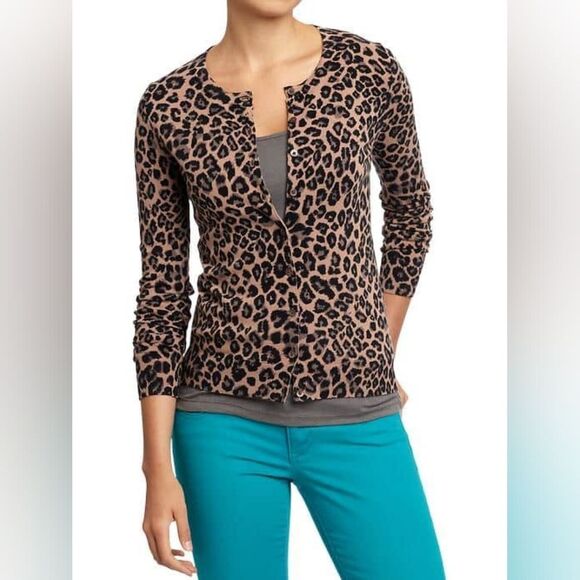 Old Navy Camel Leopard Print Button Up Cardigan - Picture 2 of 7